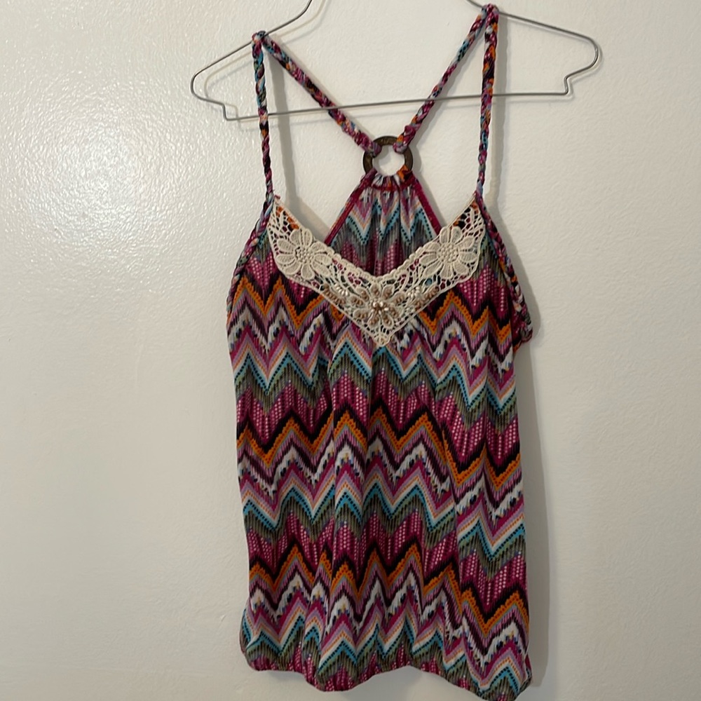No Boundaries lg 11 - 13 camisole racer back pink chevron 100% poly lace beads